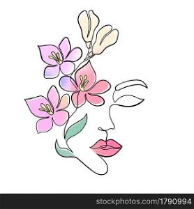 Minimal woman face with watercolor flowers on white background.One line drawing style.