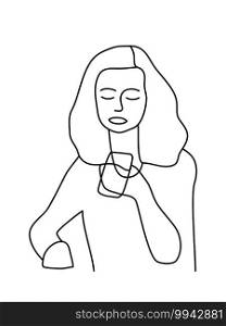 Minimalism hand drawn female vector portrait in modern abstract one line drawing graphic style. Decor print, wall art, creative design social media. Trendy template woman speaks on the phone 