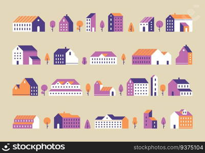 Minimalism town buildings. Geometric minimal residential houses, city building and urban house. Geometrical modern simple district eco solar buildings. Flat vector isolated icons set. Minimalism town buildings. Geometric minimal residential houses, city building and urban house flat vector set