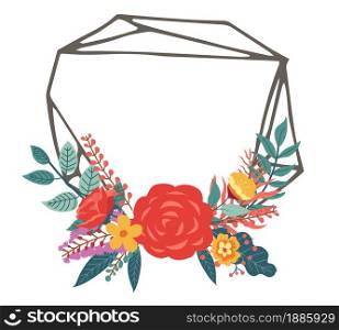 Minimalist banner with copy space, isolated frame with roses and foliage, floral decor for highlights cover. Feminine design of geometric shape. Wreath and blossom in bouquets, vector in flat. Floral frame with roses and foliage, minimalist banner