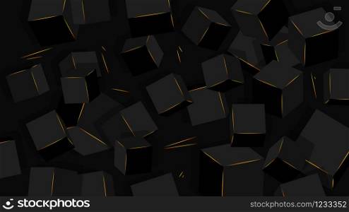 Minimalist black sci-fi background, black cubes with golden edges.