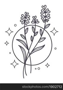 Minimalist blooming branches of flower in circle with glowing stars or glittering. Isolated icon of magical botany or herbs used for spells of potions. Colorless line art, vector in flat style. Floral branches with blooming in circle line art