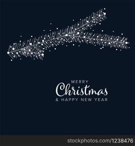 Minimalist Christmas flyer card temlate with abstract spruce twig on a dark blue background. Minimalist Christmas flyer/card template