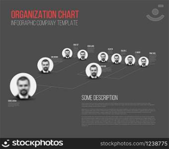 Minimalist company organization hierarchy 3d chart template - dark gray version with photos. Minimalist hierarchy 3d chart