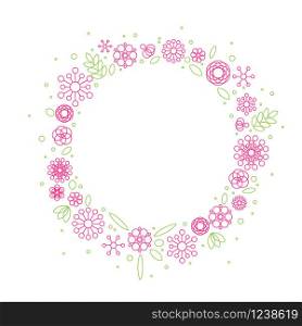 Minimalist floral circle frame made from simple pink flowers and green leves from basic shapes. Minimalist floral background frame