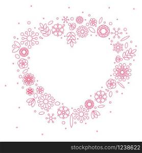 Minimalist floral heart frame made from simple flowers from basic shapes. Minimalist floral background heart frame