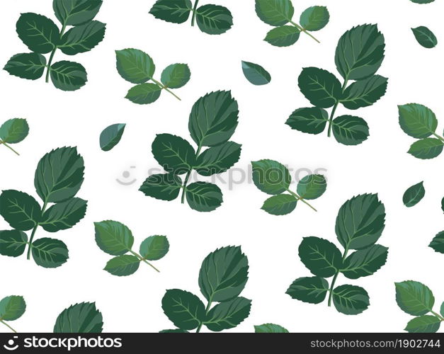 Minimalist green rose leaves and foliage, plants and stems. Floral composition used as background, print or motif for greeting card, wrapping or textile. Seamless pattern, vector in flat style. Rose leaves and branches seamless pattern vector