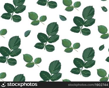 Minimalist green rose leaves and foliage, plants and stems. Floral composition used as background, print or motif for greeting card, wrapping or textile. Seamless pattern, vector in flat style. Rose leaves and branches seamless pattern vector