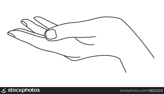Minimalist hand drawing, palm with fingers, giving or taking gesture of person. Isolated line art depiction, body language and communication in non verbal way and means. Vector in flat style. Hand taking or giving, palm with fingers line art