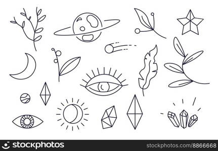 Minimalist magic symbols of stars and planets, foliage and flower branches or twigs with leaves. Isolated moon and star, crystal and eye, falling comet or asteroid sketch. Vector in flat style. Constellations and minimalist magic symbols vector