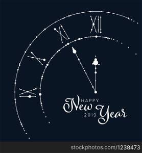 Minimalist New Year flyer card temlate with abstract clock on a dark blue background. Minimalist New Year flyer/card template