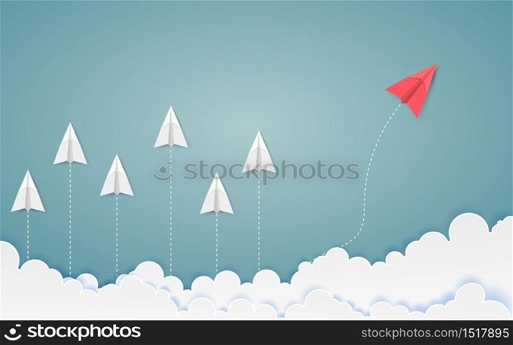 Minimalist stile red airplane changing direction and white ones. New idea, innovation and unique way concept