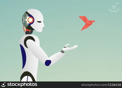 Minimalist stile. vector of robot releasing a red paper bird for freedom concept