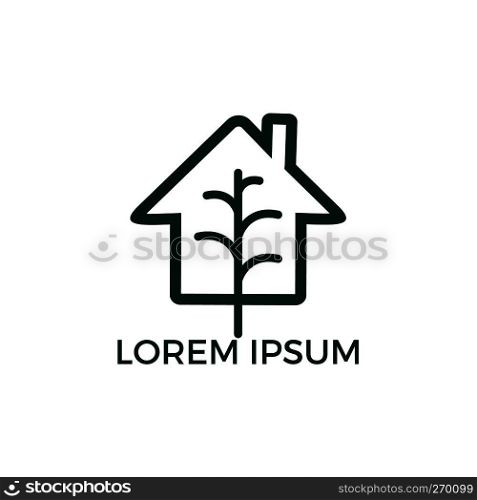 Minimalist vector logo of house and tree leaf. Eco house concept. Modern line vector illustration.