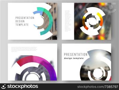 Minimalistic abstract vector illustration of editable layout of the presentation slides design business templates. Futuristic design circular pattern, circle elements forming geometric frame for photo.. Minimalistic abstract vector illustration of editable layout of the presentation slides design business templates. Futuristic design circular pattern, circle elements forming geometric frame for photo
