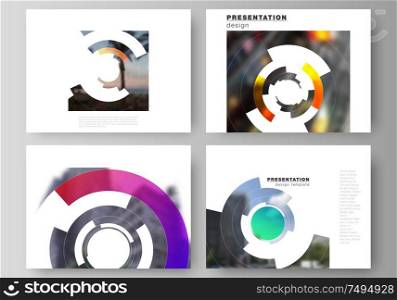 Minimalistic abstract vector illustration of editable layout of the presentation slides design business templates. Futuristic design circular pattern, circle elements forming geometric frame for photo.. Minimalistic abstract vector illustration of editable layout of the presentation slides design business templates. Futuristic design circular pattern, circle elements forming geometric frame for photo