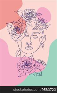 Minimalistic background with colorful shapes, line art female face with roses and leaves.