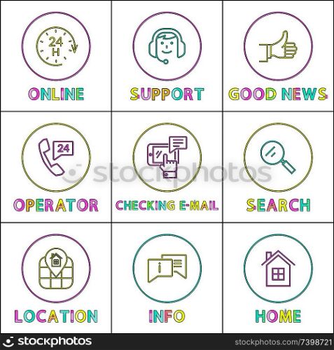 Minimalistic color linear icon set in circles with cutline. Line design for round-the-clock assistance, search and tracking help, information support.. Online Operator Support Color Outline Icon Set