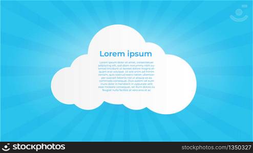 Minimalistic design paper art with cloud on blue sky startburst or sunbeam background. Copy space. Speech Bubble, White blank hanging.