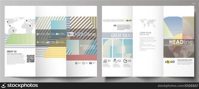Minimalistic design with lines, geometric shapes forming beautiful background. Tri-fold brochure business templates on both sides. Easy editable abstract vector layout in flat style.. Tri-fold brochure business templates on both sides. Easy editable abstract vector layout in flat design. Minimalistic design with lines, geometric shapes forming beautiful background.