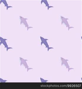 Minimalistic fauna shark seamless doodle pattern. Purple pastel aqua print. Decorative backdrop for fabric design, textile print, wrapping, cover. Vector illustration.. Minimalistic fauna shark seamless doodle pattern. Purple pastel aqua print.