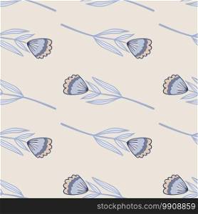 Minimalistic flower contoured figures seamless pattern. Blue outline ornament on light grey background. Decorative backdrop for wallpaper, textile, wrapping paper, fabric print. Vector illustration.. Minimalistic flower contoured figures seamless pattern. Blue outline ornament on light grey background.