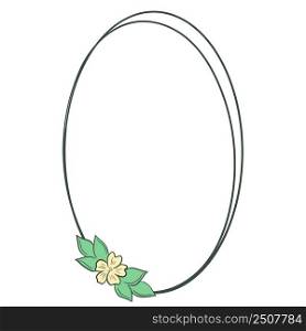 Minimalistic frame with flower vector illustration. Oval botanical rim isolated. Leafy floral rustic wreath. Abstract simple natural border