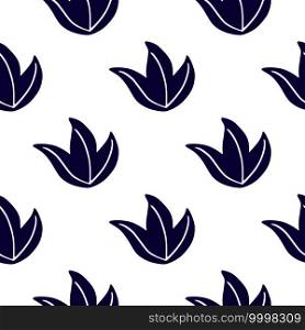 Minimalistic isolated seamless pattern with navy blue simple leaf bush print. White background. Doodle artwork. Great for fabric design, textile print, wrapping, cover. Vector illustration.. Minimalistic isolated seamless pattern with navy blue simple leaf bush print. White background. Doodle artwork.