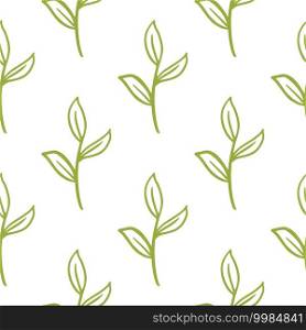Minimalistic isolated seamless pattern with outline green branches ornament. White background. Decorative backdrop for fabric design, textile print, wrapping, cover. Vector illustration.. Minimalistic isolated seamless pattern with outline green branches ornament. White background.