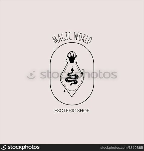 Minimalistic logo with a magic bottle and a snake. Vector logo template. Can be used for the design of esoteric shops, websites, brands.