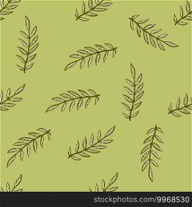 Minimalistic outline seamless pattern with contoured brown branches shapes. Green olive background. Foliage print. Designed for fabric design, textile print, wrapping, cover. Vector illustration. Minimalistic outline seamless pattern with contoured brown branches shapes. Green olive background. Foliage print.