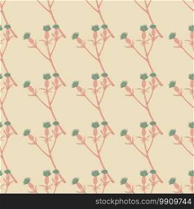 Minimalistic seamless doodle pattern with burdock twigs. Pink floral branches on light pastel background. Great for wallpaper, textile, wrapping paper, fabric print. Vector illustration.. Minimalistic seamless doodle pattern with burdock twigs. Pink floral branches on light pastel background.