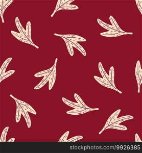 Minimalistic seamless doodle pattern with white leaves shapes. Minimalistic style. Red background. Great for fabric design, textile print, wrapping, cover. Vector illustration.. Minimalistic seamless doodle pattern with white leaves shapes. Minimalistic style. Red background.