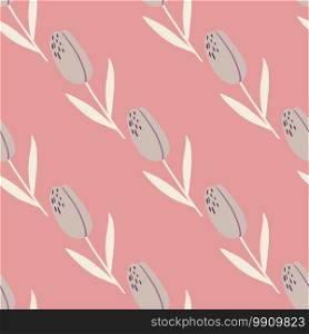 Minimalistic seamless flower pattern with tulip ornament. Light pink background. Pastel palette artwork. Perfect for wallpaper, textile, wrapping paper, fabric print. Vector illustration.. Minimalistic seamless flower pattern with tulip ornament. Light pink background. Pastel palette artwork.