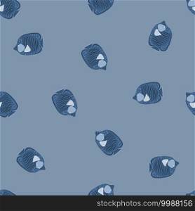 Minimalistic seamless ocean pattern with doodle butterfly fish print. Blue pale palette sea fauna backdrop. Decorative backdrop for fabric design, textile print, wrapping, cover. Vector illustration.. Minimalistic seamless ocean pattern with doodle butterfly fish print. Blue pale palette sea fauna backdrop.