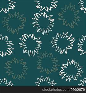 Minimalistic seamless random pattern with star shapes ornament. Hand drawn sun silhouettes on dark turquoise background. Perfect for fabric design, textile print, wrapping, cover. Vector illustration.. Minimalistic seamless random pattern with star shapes ornament. Hand drawn sun silhouettes on dark turquoise background.