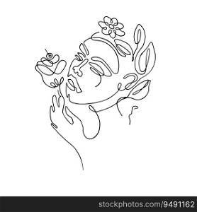 Minimalistic silhouette of woman face with flowers. Black and white. Vector stock illustration. Minimalistic silhouette of woman face. Black and white. White background. One line drawing.