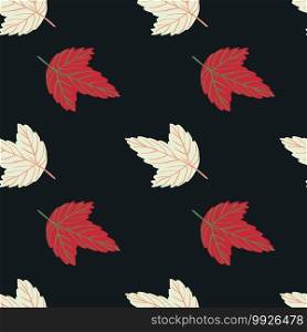 Minimalistic simple nature seamless pattern with light yellow and red leaves. Dark background. Perfect for fabric design, textile print, wrapping, cover. Vector illustration.. Minimalistic simple nature seamless pattern with light yellow and red leaves. Dark background.