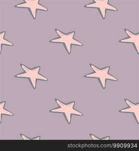 Minimalistic star ornament seamless hand drawn pattern. Scribble space print with pink elements on pastel purple background. For wallpaper, textile, wrapping paper, fabric print. Vector illustration. Minimalistic star ornament seamless hand drawn pattern. Scribble space print with pink elements on pastel purple background.