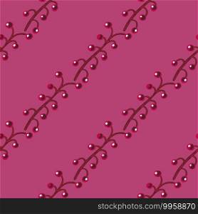 Minimalistic style seamless pattern with diagonal berry branches ornament. Pink background. Simple design. Designed for fabric design, textile print, wrapping, cover. Vector illustration. Minimalistic style seamless pattern with diagonal berry branches ornament. Pink background. Simple design.