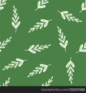 Minimalistic style seamless pattern with simple light branches elements ornament. Green background. Perfect for fabric design, textile print, wrapping, cover. Vector illustration.. Minimalistic style seamless pattern with simple light branches elements ornament. Green background.