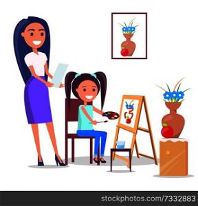 Minimalistic vector illustration of lesson in arts class with teacher and girl with palette in her hand and easel isolated on white background. Teacher and Pupil in Arts Class in Flat Design