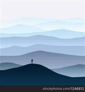 Minimalistic vector landscape background of mountains for your design.. Minimalistic mountain landscape, silhouettes, open your world, lonely explorer, horizon, perspective, vector, illustration, isolated