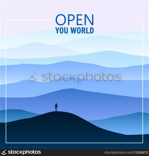 Minimalistic vector landscape background of mountains for your design.. Minimalistic mountain landscape, silhouettes, open your world, lonely explorer, horizon, perspective, vector, illustration, isolated