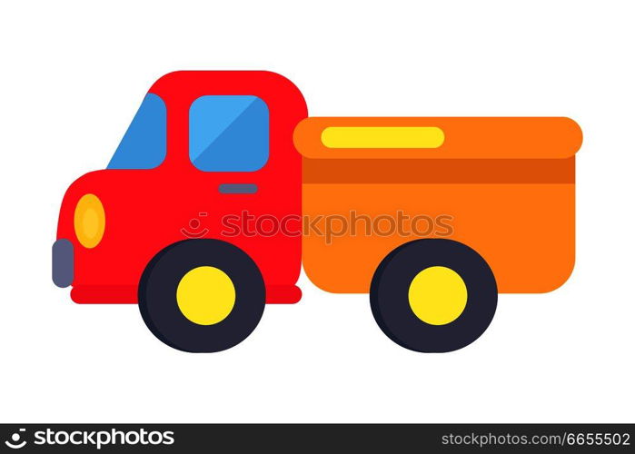 Minimalistic vector poster of toy plastic truck with red-colored cabin and yellow-colored trailer with black wheels isolated on white background.. Vector Template of Plastic Toy Truck On White