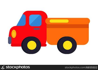 Minimalistic vector poster of toy plastic truck with red-colored cabin and yellow-colored trailer with black wheels isolated on white background.. Vector Template of Plastic Toy Truck On White