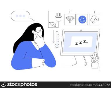 Minimization energy consumption abstract concept vector illustration. Woman thinking about energy consumption optimization, green computing, power management, green use abstract metaphor.. Minimization energy consumption abstract concept vector illustration.