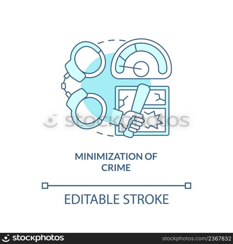 Minimization of crime turquoise concept icon. National safety and protection abstract idea thin line illustration. Isolated outline drawing. Editable stroke. Arial, Myriad Pro-Bold fonts used. Minimization of crime turquoise concept icon