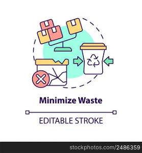 Minimize waste concept icon. Eliminate losses. Purpose of lean manufacturing abstract idea thin line illustration. Isolated outline drawing. Editable stroke. Arial, Myriad Pro-Bold fonts used. Minimize waste concept icon