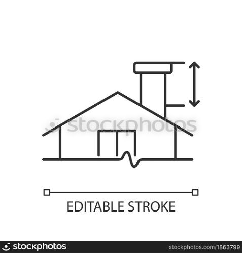 Minimum chimney height linear icon. Building requirements. Install flue in residential property. Thin line customizable illustration. Contour symbol. Vector isolated outline drawing. Editable stroke. Minimum chimney height linear icon